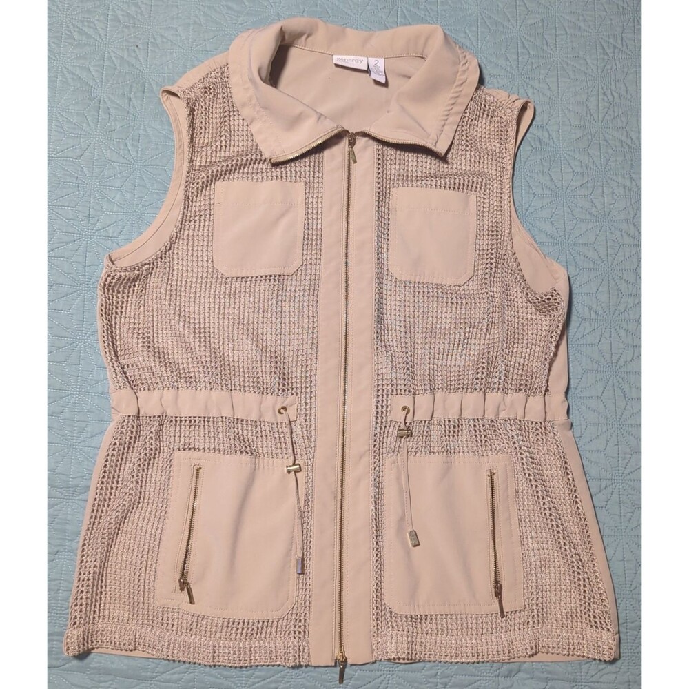 Chicos Zenergy Neema Foil Mesh Front Vest Sz 2 Tan Sleeveless Utility Gorpcore